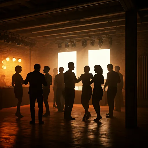 Ambiance soirée d'entreprise : professionnels dansant et discutant dans une salle au style industriel chic lors d'un événement d'entreprise animé par DJ Ludo.