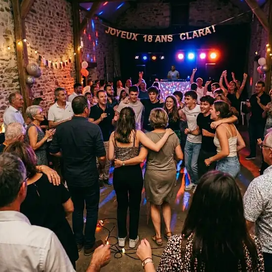 Ambiance de fête familiale intergénérationnelle avec parents, amis et anciens qui dansent et s'amusent ensemble