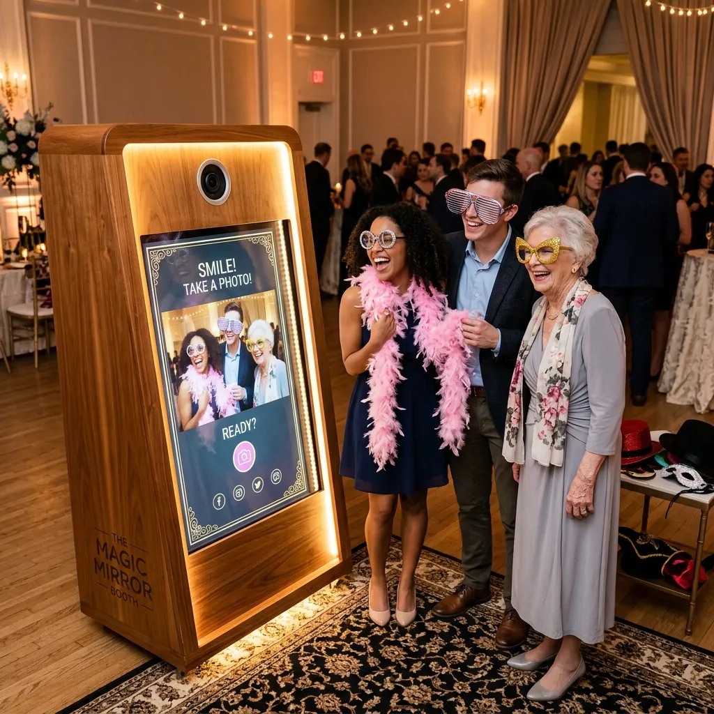 Un Photobooth miroir élégant lors d'un événement festif, entouré de lumières scintillantes.