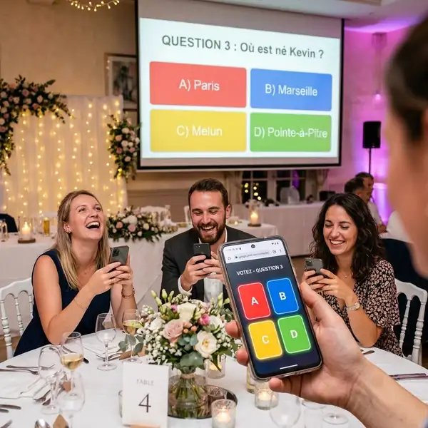Invités jouant à un quiz interactif sur smartphone lors d'un repas d'anniversaire