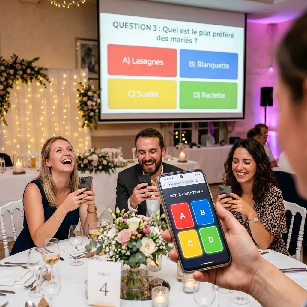 Invités participant à un quiz interactif sur smartphone lors d'un repas de mariage en Seine-et-Marne